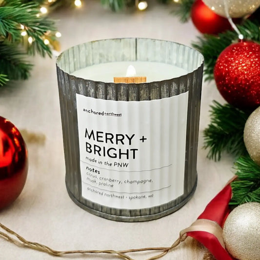 MERRY + BRIGHT rustic tin candle