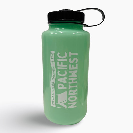 I’D RATHER BE CAMPING IN THE PACIFIC NORTHWEST glow-in-the-dark water bottle