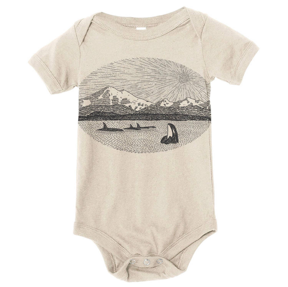 MOUNTAINS & ORCAS onesie